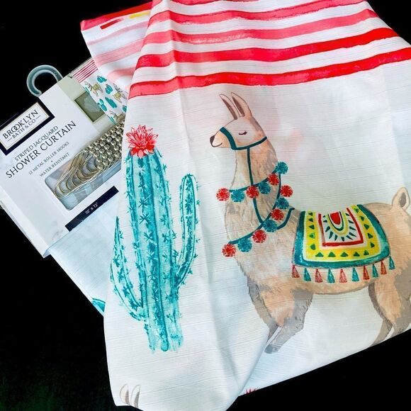 Llama Alpaca Cactus Boho Complete Shower Curtain Bath Set - Picture 1 of 4